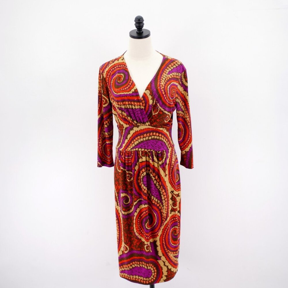 Talbots Size 4 Purple Orange Paisley Stretchy Material Long Dress Long Sleeve‎